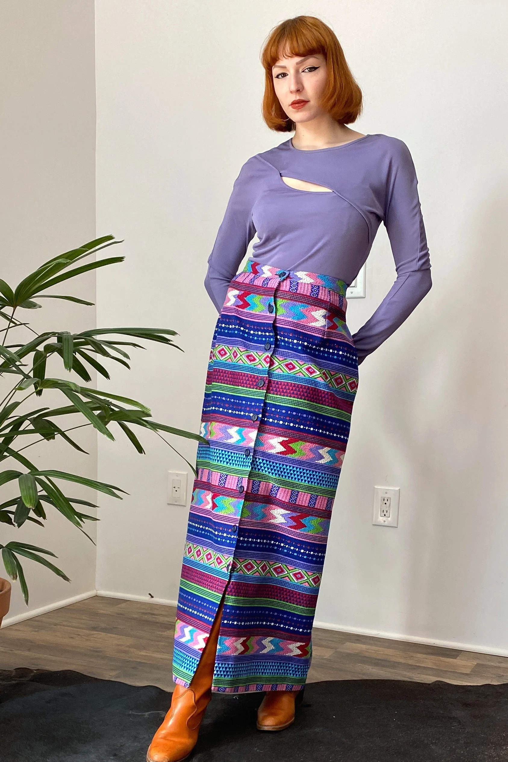 1970s Colorful Geometric Maxi Skirt-small — La Poubelle Vintage